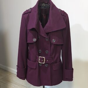 Wool Blend Double-Breasted Plum Peacoat